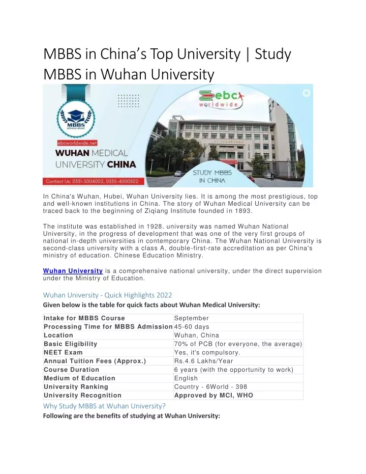 PPT MBBS In Chinas Top University Study MBBS In Wuhan University