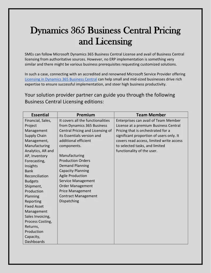 Ppt Dynamics Business Central Pricing And Licensing Powerpoint