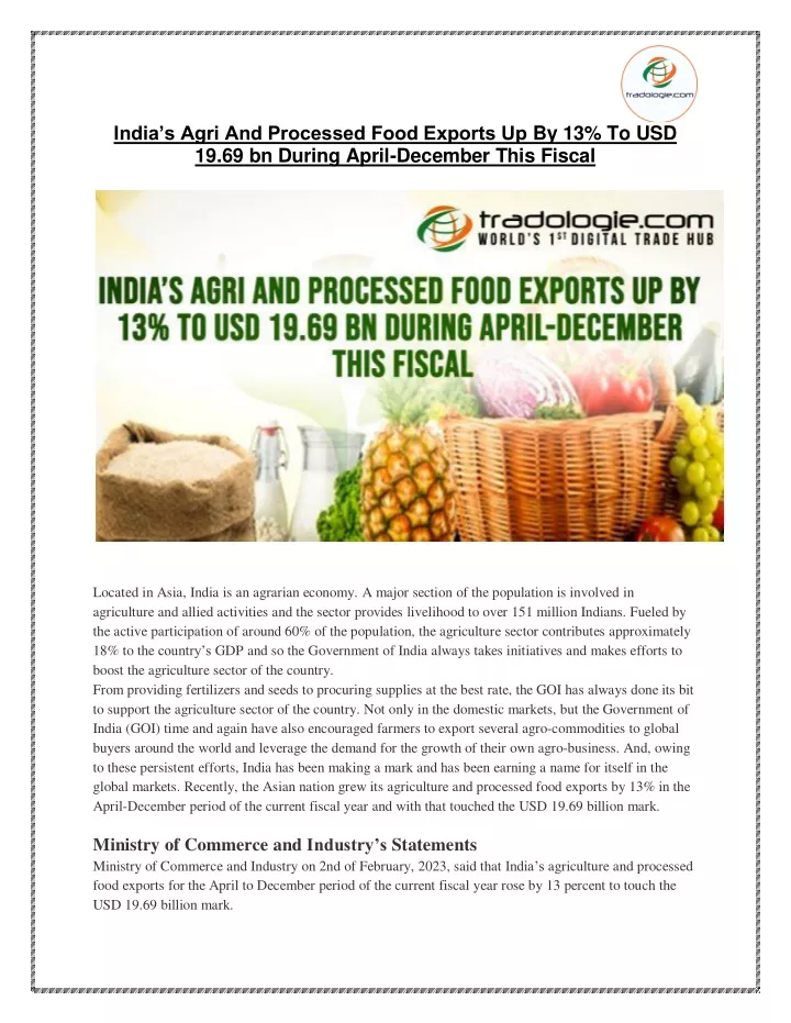 Ppt Indias Agri And Processed Food Exports Up By To Usd Bn