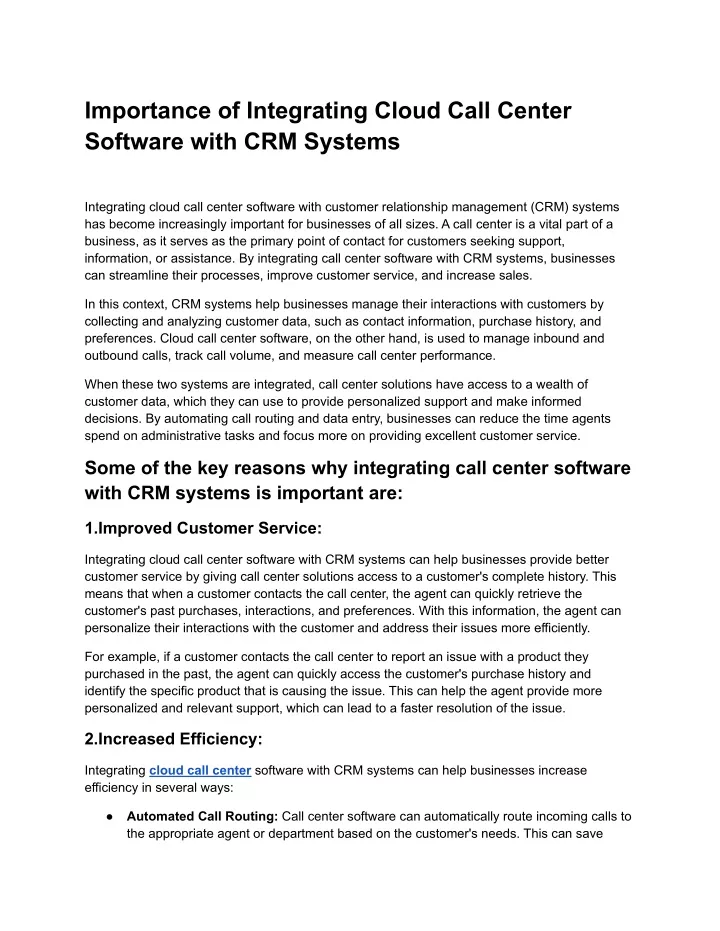 Ppt Importance Of Integrating Cloud Call Center Software With Crm