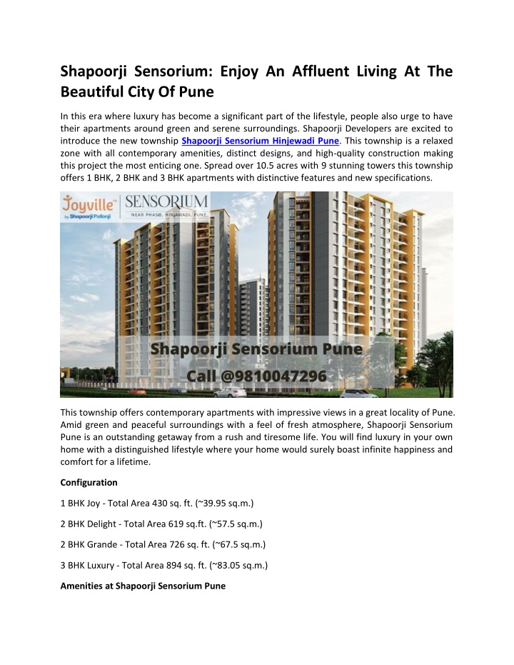 shapoorji sensorium enjoy an affluent living