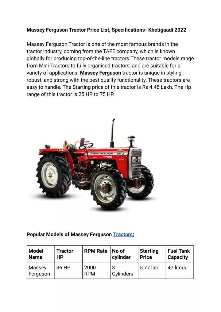massey ferguson tractor price list specifications