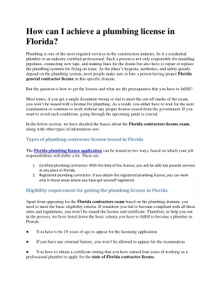 How can I achieve a plumbing license in Florida?