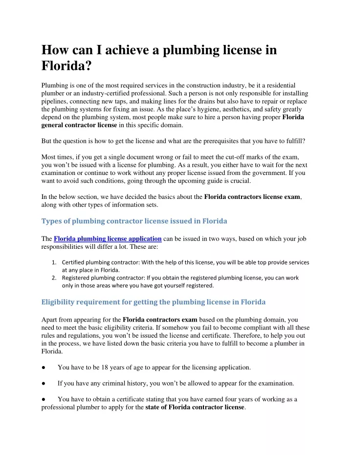 how can i achieve a plumbing license in florida