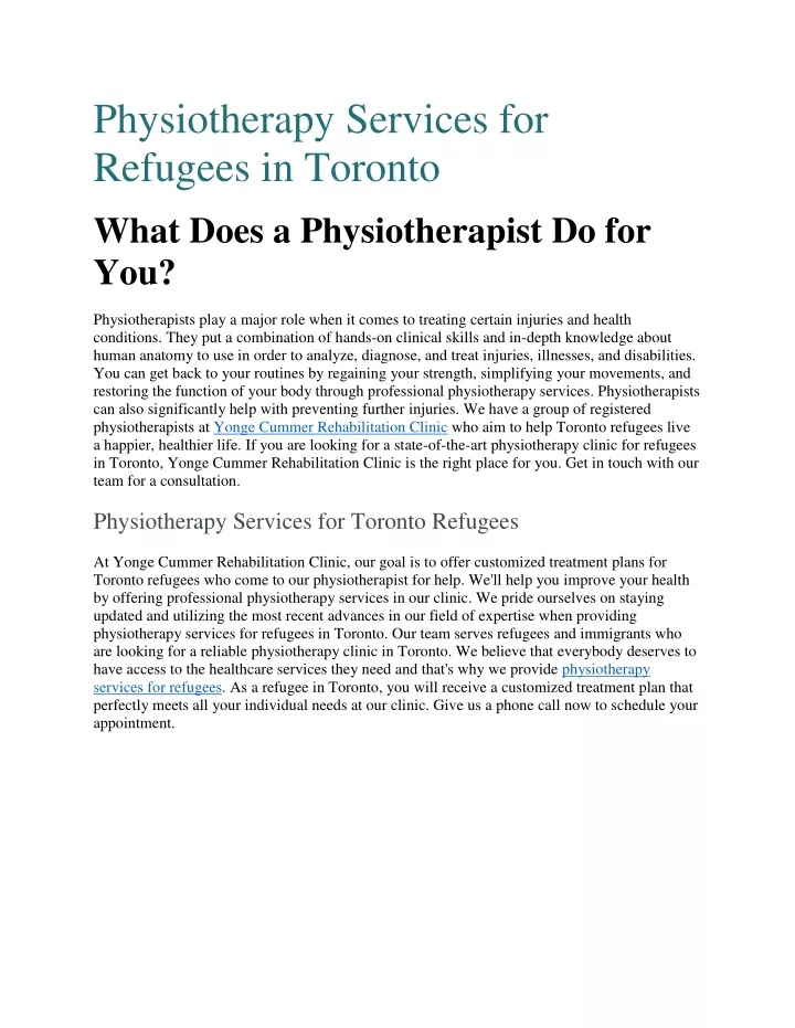 physiotherapy services for refugees in toronto