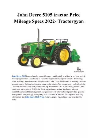 John Deere 5105 tractor Price Mileage Specs 2022- Tractorgyan