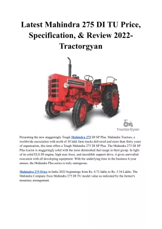 Latest Mahindra 275 DI TU Price, Specification, & Review 2022- Tractorgyan