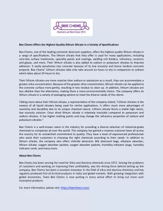 Bee Chems Offers the Highest Quality lithium Silicate in a Variety of Specifications