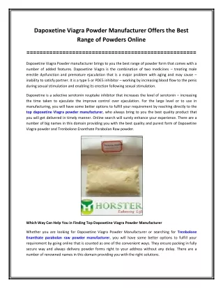 Dapoxetine Viagra Powder Manufacturer Offers the Best Range of Powders Online