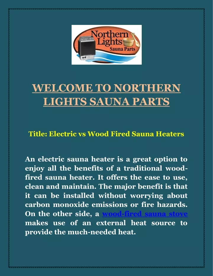 welcome to northern lights sauna parts