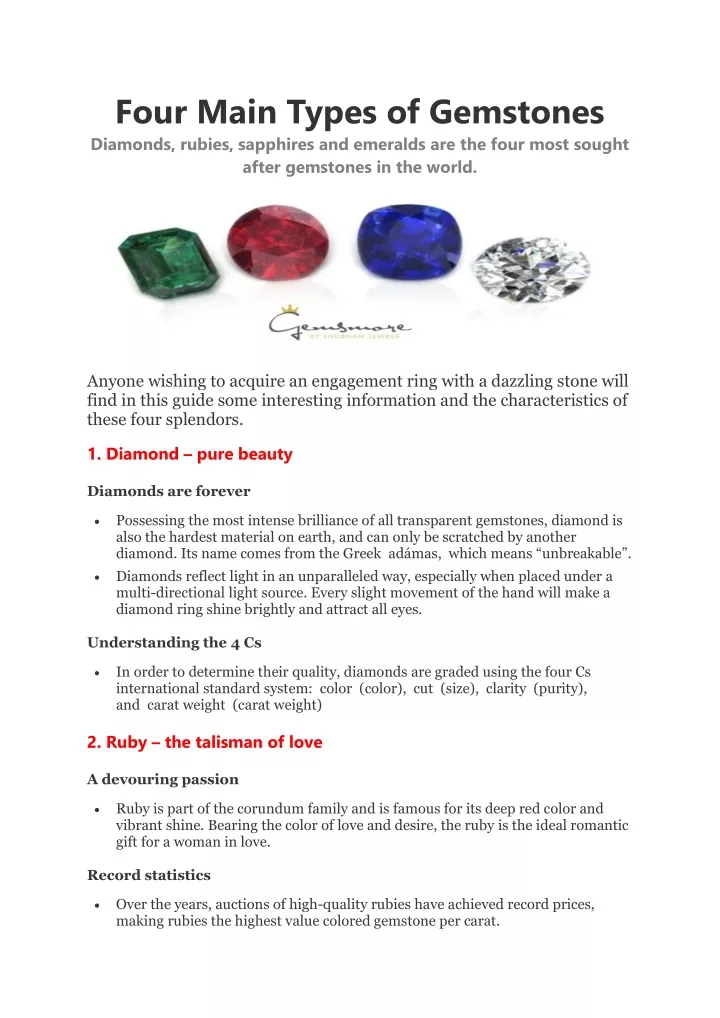 four main types of gemstones diamonds rubies
