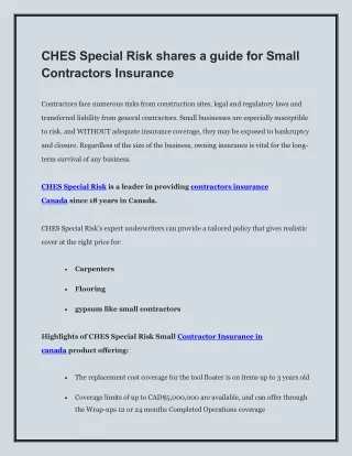 CHES Special Risk shares a guide for Small Contractors Insurance
