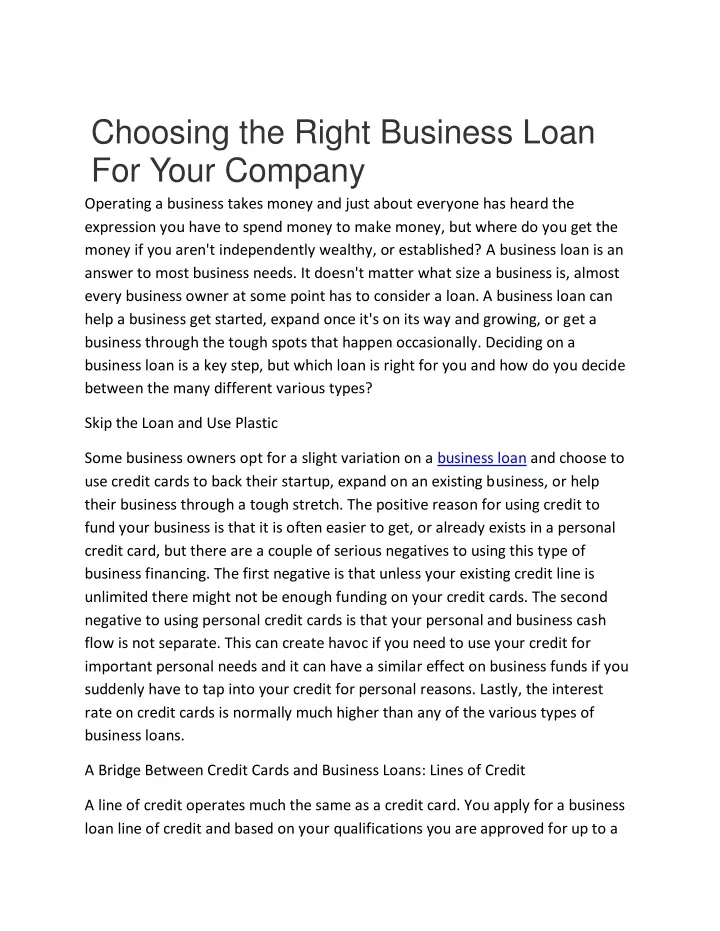 choosing the right business loan for your company