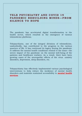 TELE PSYCHIATRY AND COVID 19 PANDEMIC rebuilding Minds -from silence to hope