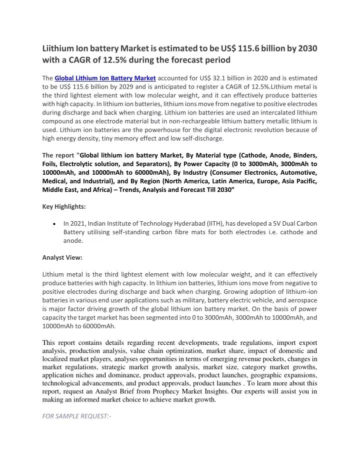 liithium ion battery market is estimated