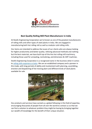Best Quality Rolling Mill Plant Manufacturer