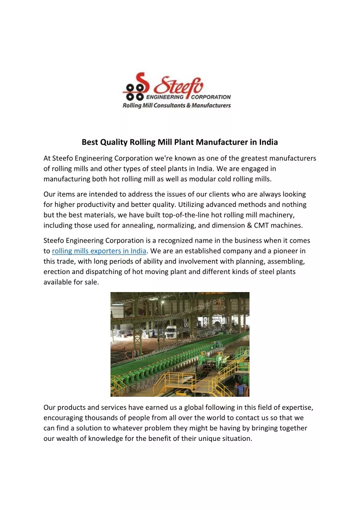 best quality rolling mill plant manufacturer