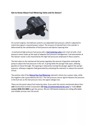 Get to KnowGet to Know About Fuel Meter About Fuel Metering Valve and Its Sensor