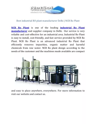 Best industrial RO plant manufacturer Delhi pdf new