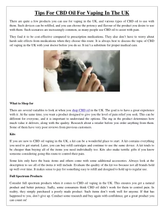 Tips For CBD Oil For Vaping In The UK