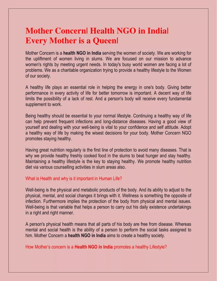 mother concern health ngo in india every mother