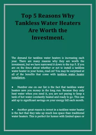Top 5 Reasons Why Tankless Water Heaters Are Worth the Investment.