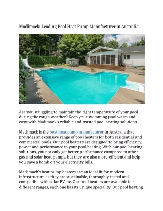 Leading Pool Heat Pump Manufacturer in Australia