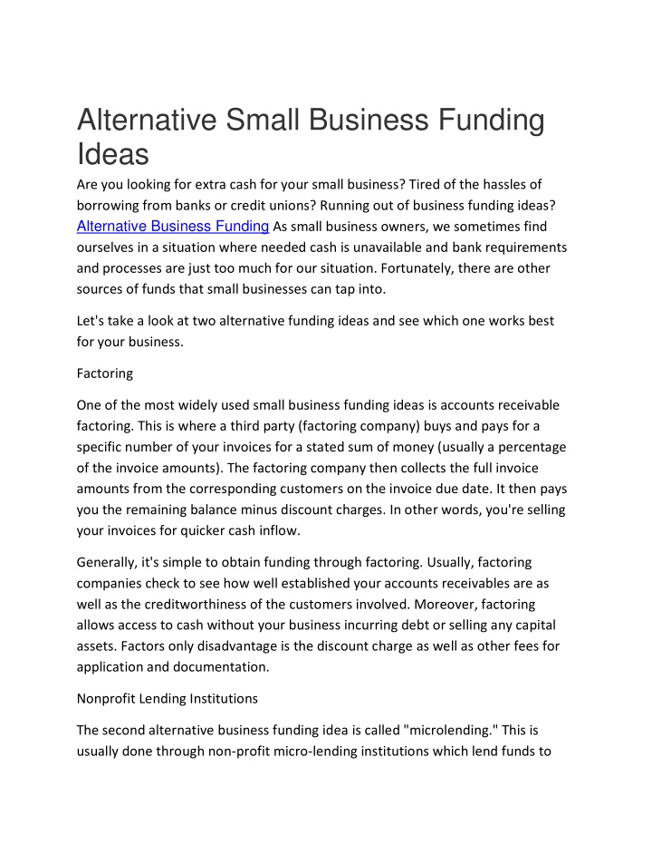 alternative small business funding ideas