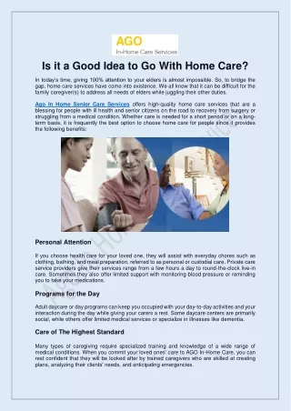 Ago In Home Senior Care Services- Contact Now