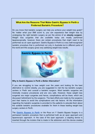What Are the Reasons That Make Gastric Bypass in Perth a Preferred Bariatric Procedure_