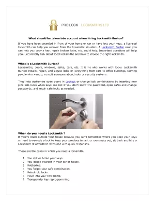 What should be taken into account when hiring Locksmith Burton