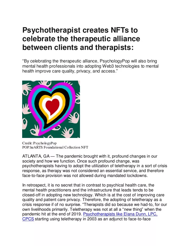 psychotherapist creates nfts to celebrate