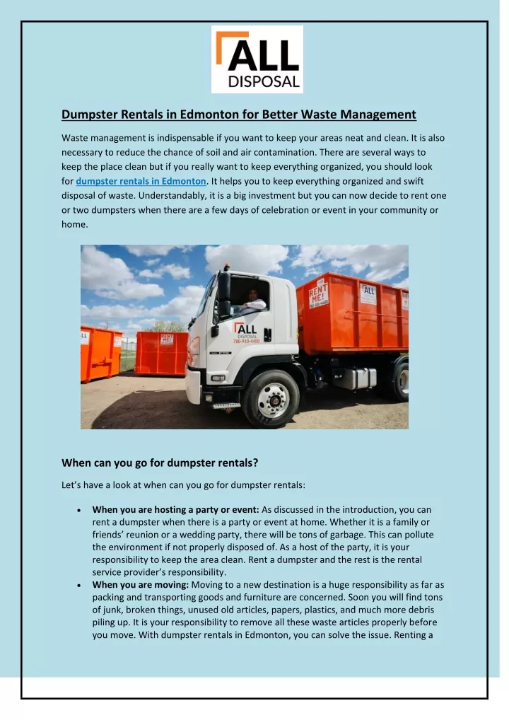 dumpster rentals in edmonton for better waste