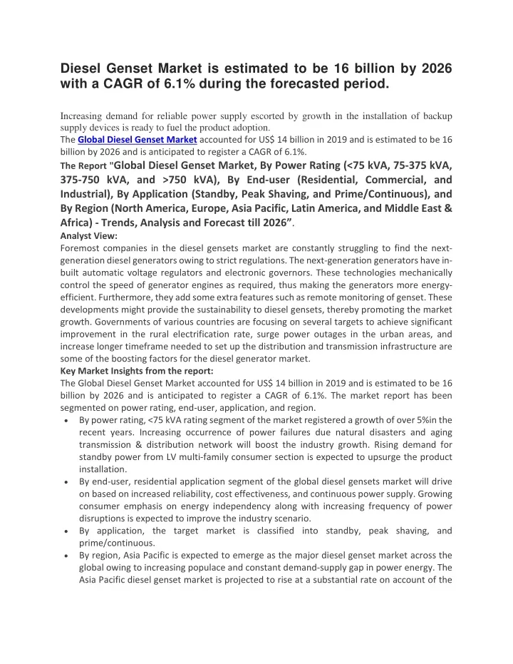 diesel genset market is estimated