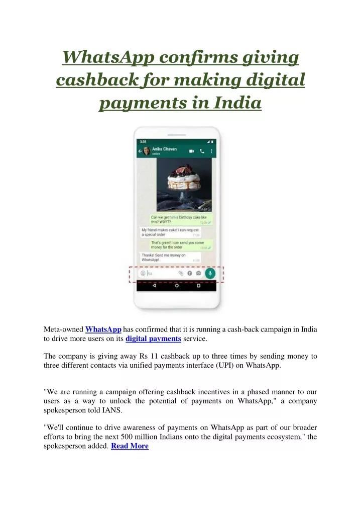 whatsapp confirms giving cashback for making