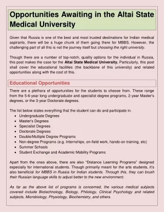 Opportunities Awaiting in the Altai State Medical University