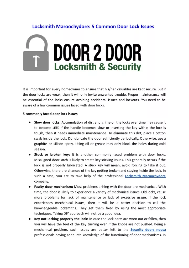 locksmith maroochydore 5 common door lock issues