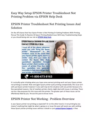Easy Way Setup EPSON Printer Troubleshoot Not Printing Problem via EPSON Help Desk