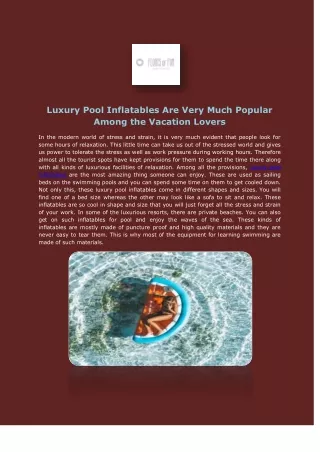 Luxury Pool Inflatables Are Very Much Popular Among the Vacation Lovers