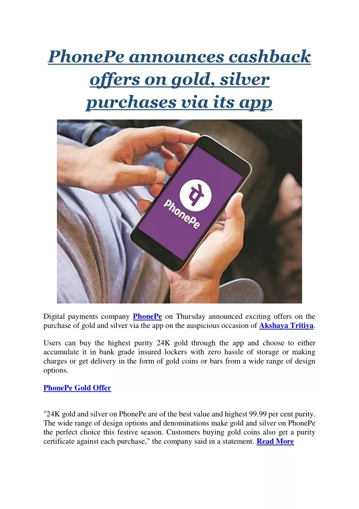 phonepe announces cashback offers on gold silver