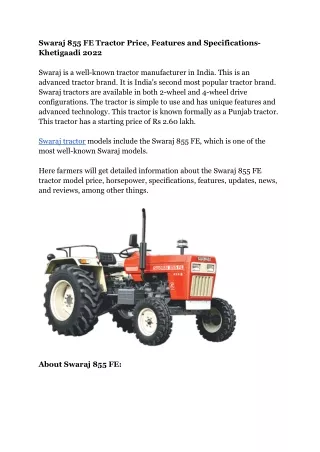 swaraj 855 fe tractor price features