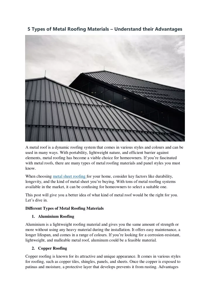 5 types of metal roofing materials understand
