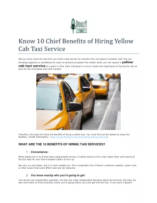 Know 10 Chief Benefits of Hiring Yellow Cab Taxi Service