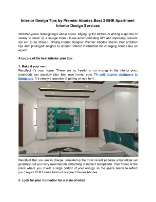 Interior Design Tips by Premier Abodes Best 2 BHK Apartment Interior Design Services