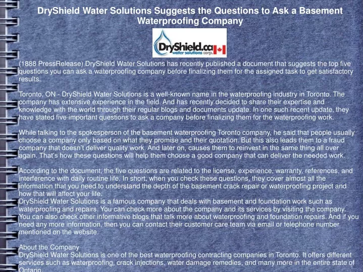 dryshield water solutions suggests the questions