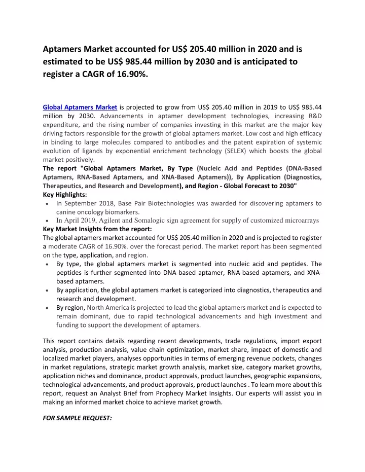 aptamers market accounted for us 205 40 million