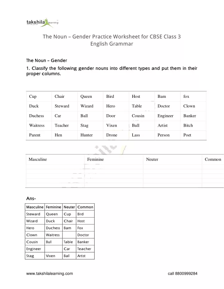 the noun gender practice worksheet for cbse class