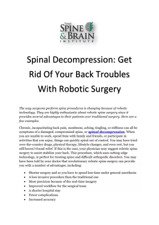 Spinal Decompression: Get Rid Of Your Back Troubles With Robotic Surgery
