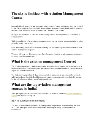 The sky is limitless with Aviation Management Course