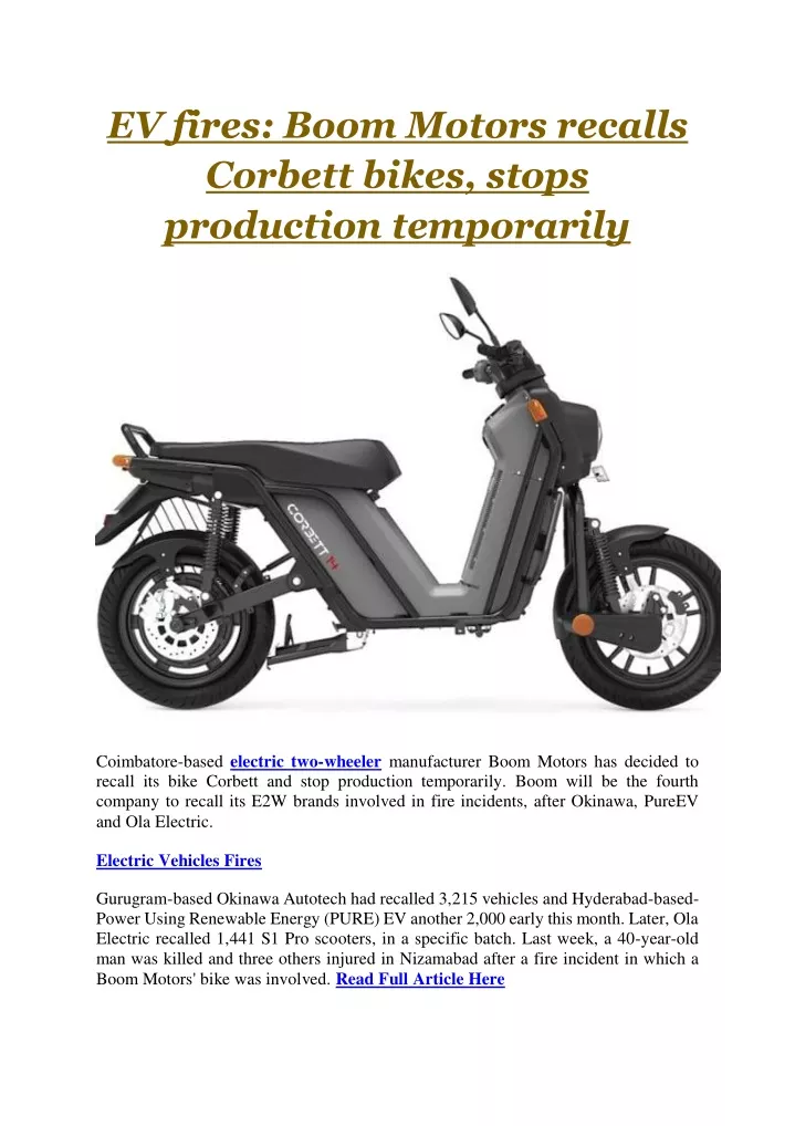 ev fires boom motors recalls corbett bikes stops